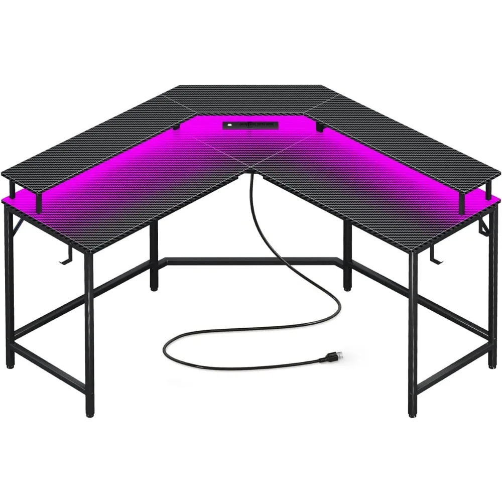 L Shaped Gaming Desk with Power Outlets & LED Lights, Computer Desk with Monitor Shelves, Carbon Fiber Surface, Home Office Desk