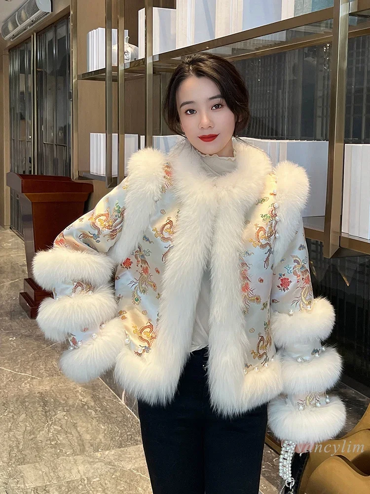 2024 Fall Winter New Chinese Style Imitation Fox Fur Jacket Women's Short Fashion Young Lady Nail Bead Cotton Tang Clothing Coat