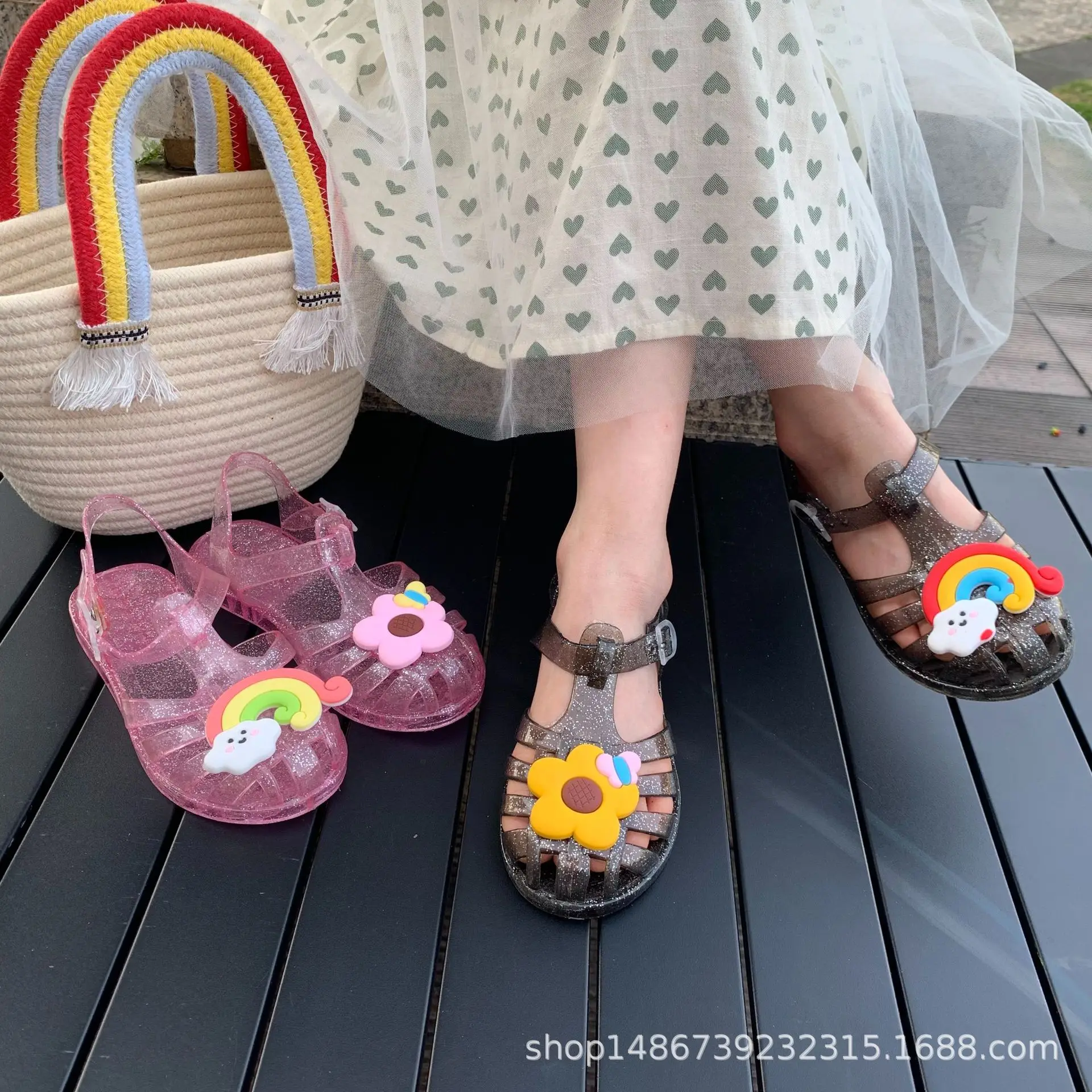 Summer Kids Rainbow Heart Jelly Princess Sandals Children Soft Sole Closed-Toe Beach Shoes Baby Hollow Everyday Casual Sandals