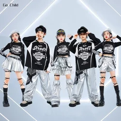 Girls K-pop Sweatshirt Street Dance Silver Pants Boys Hip Hop Shorts Shiny Clothes Set Kids Jazz Skirts Children Cool Streetwear