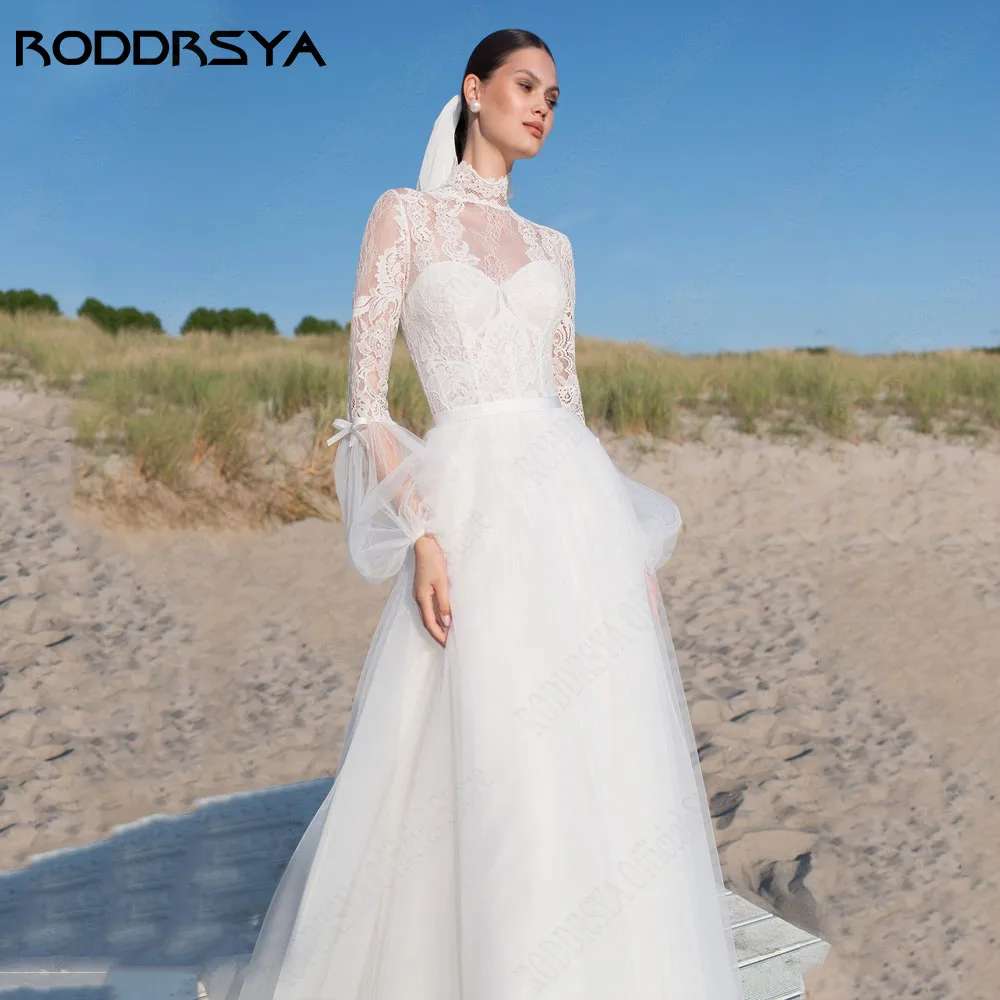 RODDRSYA gaun pengantin renda sipil 2024 gaun pengantin A-Line Tulle lengan panjang kancing belakang leher tinggi ukuran Plus vestido de noiva