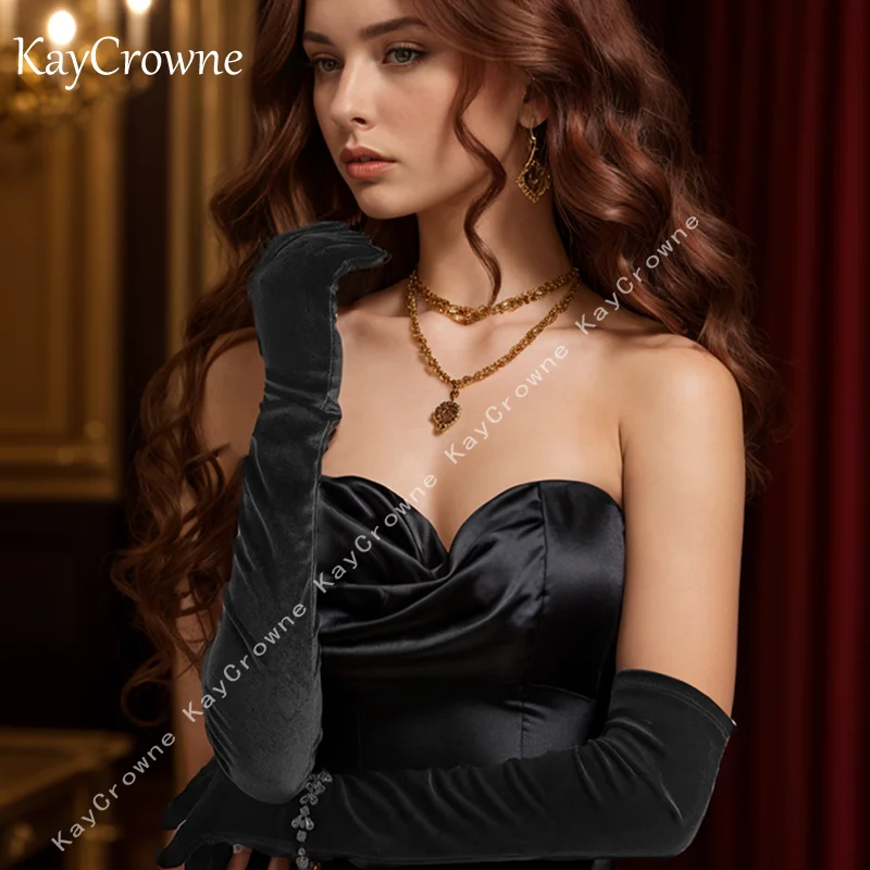 New Grace Velvet Fashion Sexy Long Gloves Women Elegant Warm Club Party Prom Show Banquet Dancing Dress Dinner Black Glove