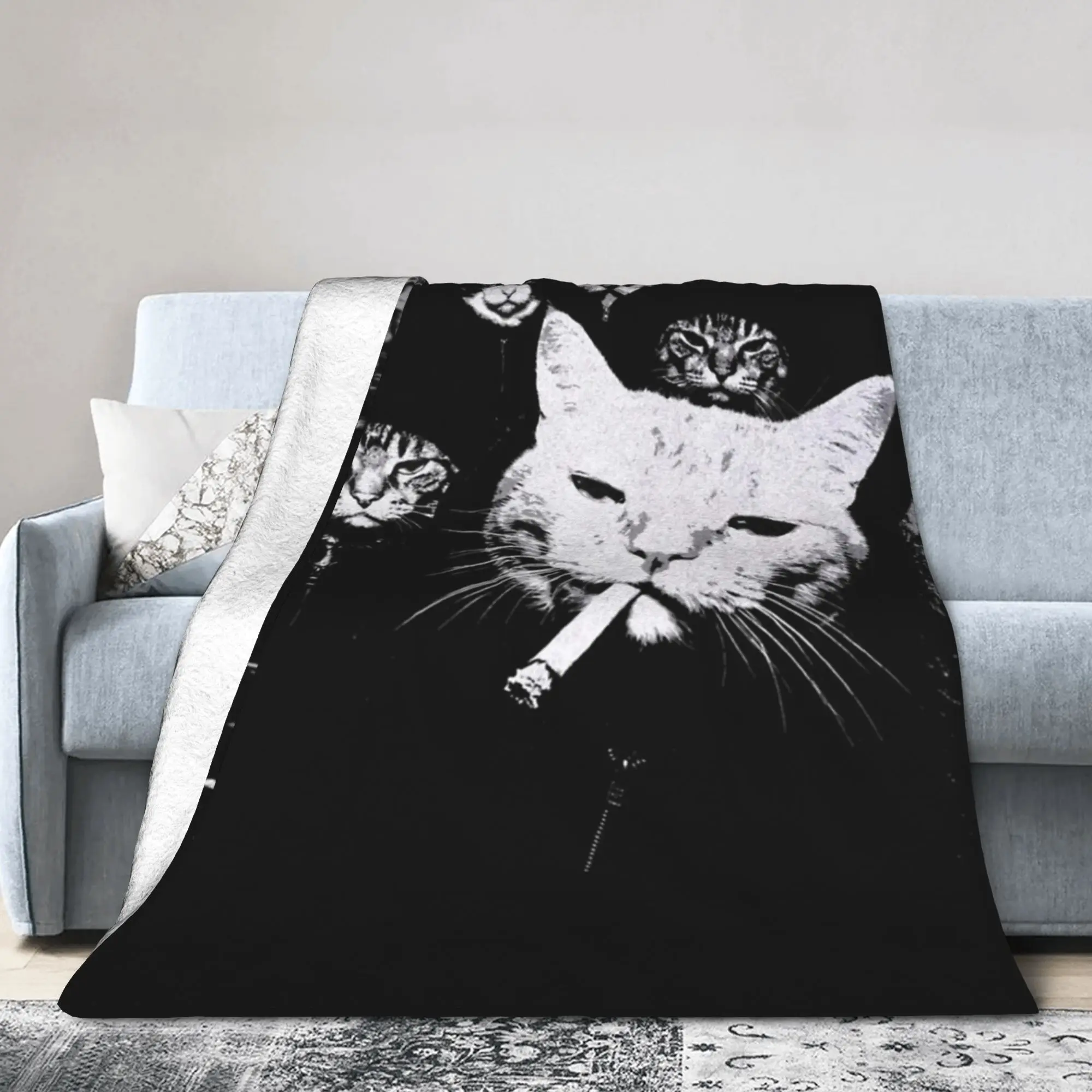 Funny Gangster Cat Thug Life Meme Blanket Velvet Textile Decor  Multi-function Soft Throw Blanket for Bed Outdoor Bedding Throws