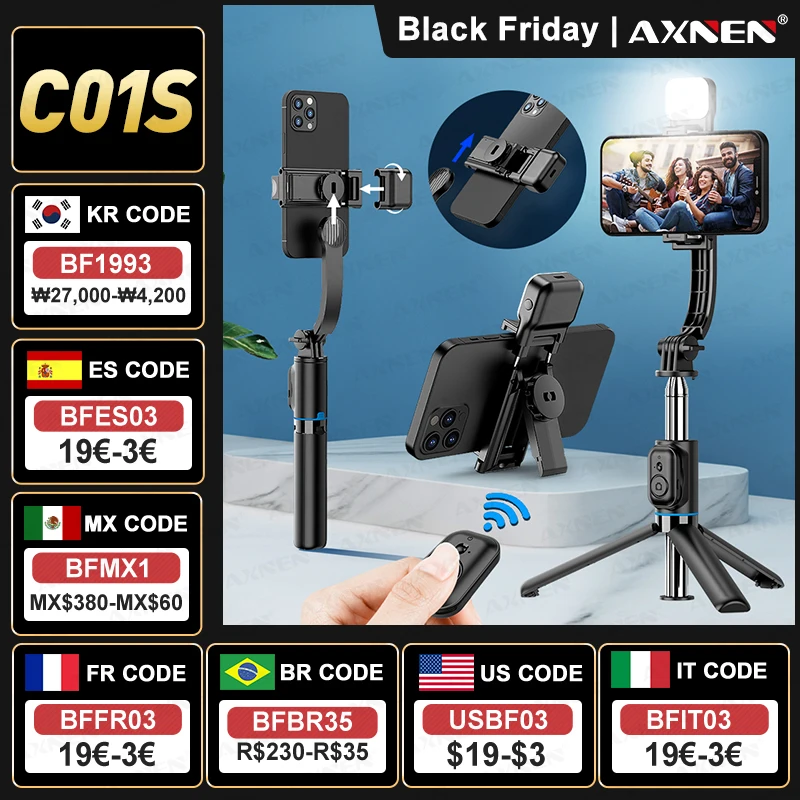 C01s Selfie Stick Tripod with Fill Light, Detachable Phone Bracket Monopod, Wireless Bluetooth Remote for Huawei iPhone Android