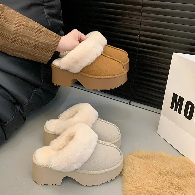 

Women's Winter Fashion Thickened Fleece Lined Short High Heel Snow Boots round Toe Rubber Sole Korean Style Cotton Shoes