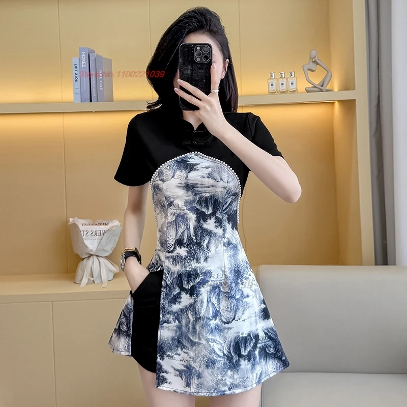 

2025 chinese sexy qipao dress+shorts set flower print patchwork improved cheongsam beauty hotel spa uniform nightclub dress