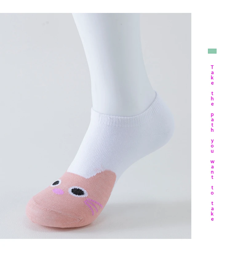 5 Paar kurze Damensocken, Pink Cat Thin, niedliche Ganzjahres-Bootsocken, Slow Top, modische Bootsocken – Detail 10