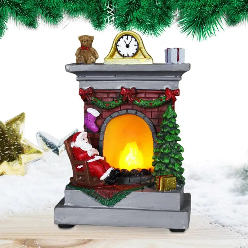 Santa By Fireplace Night Light Christmas Table Lantern Lamp Decoration Desk Lamp Christmas Resin Ornament For Indoor Outdoor