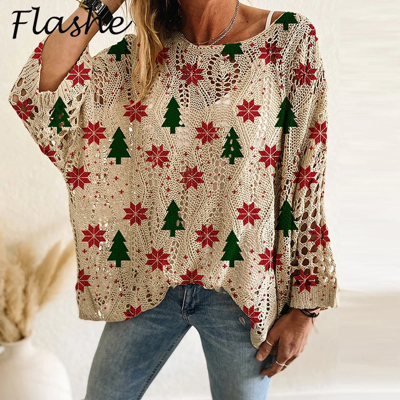 New Santa Claus Snowman Print Sweater Women O Neck Long Sleeve Christmas Sweaters For Women Fashion Hollow Out Knitted Jumper