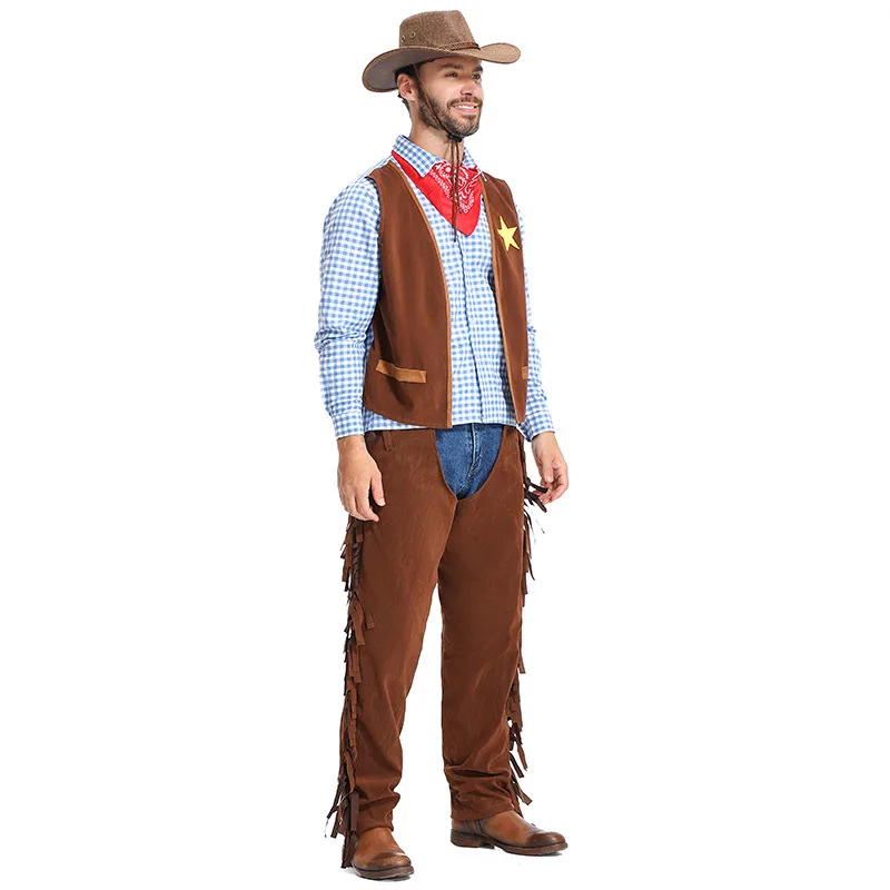 Brown Cowboy Wild West Costume Mens Western Cowboy Adult Fancy Dress Costumes