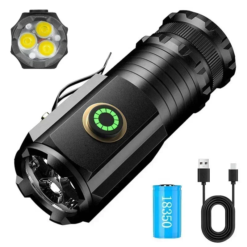 Impermeável alumínio liga tocha, Luz USB recarregável, IP68 impermeável com ímã, alta qualidade, 3 * lanterna LED para caminhadas e camping, 18350