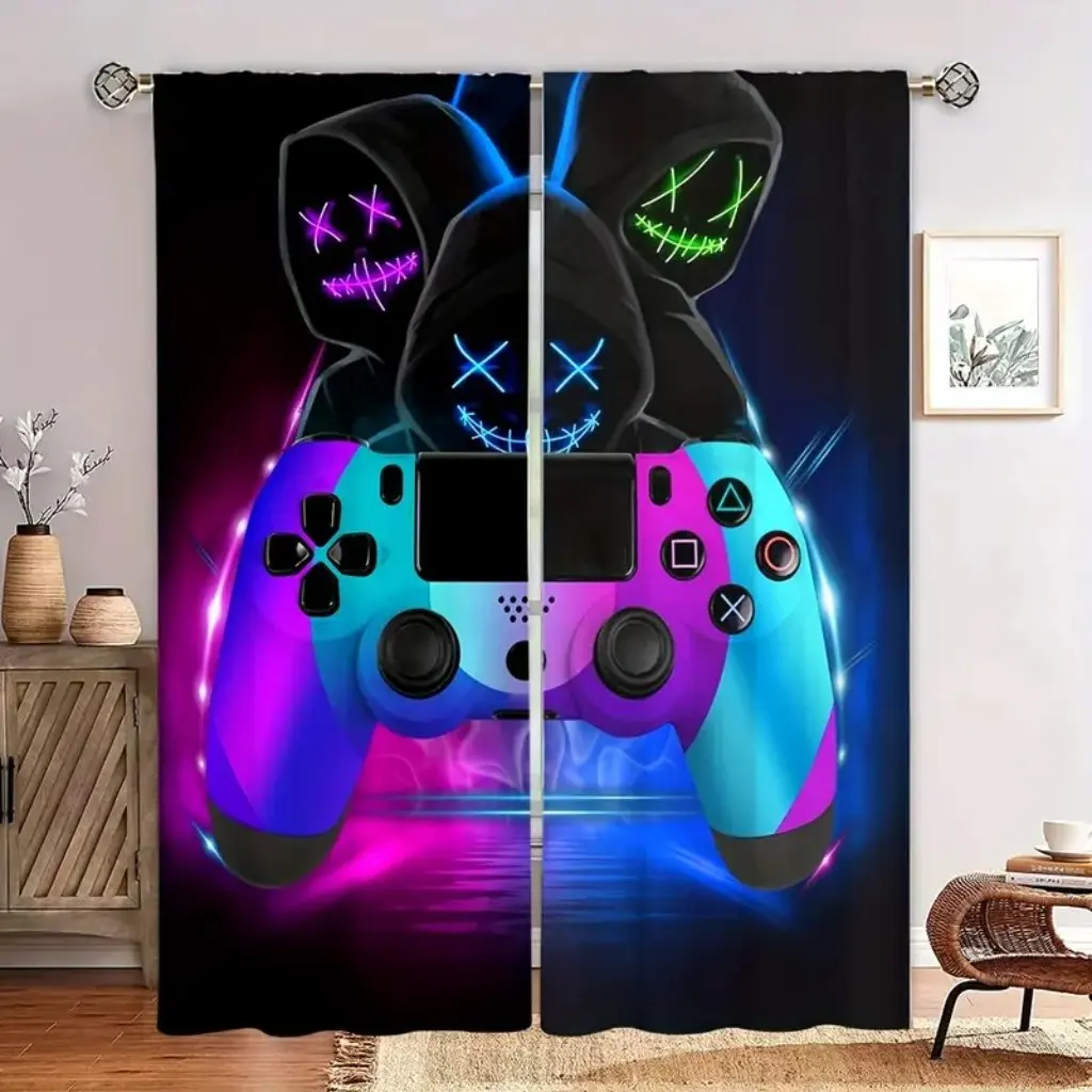 2pcs Vibrant Light Filtering Curtain With Colorful Gaming Controller Prints Semi-Sheer Privacy Window Curtains for Living Room