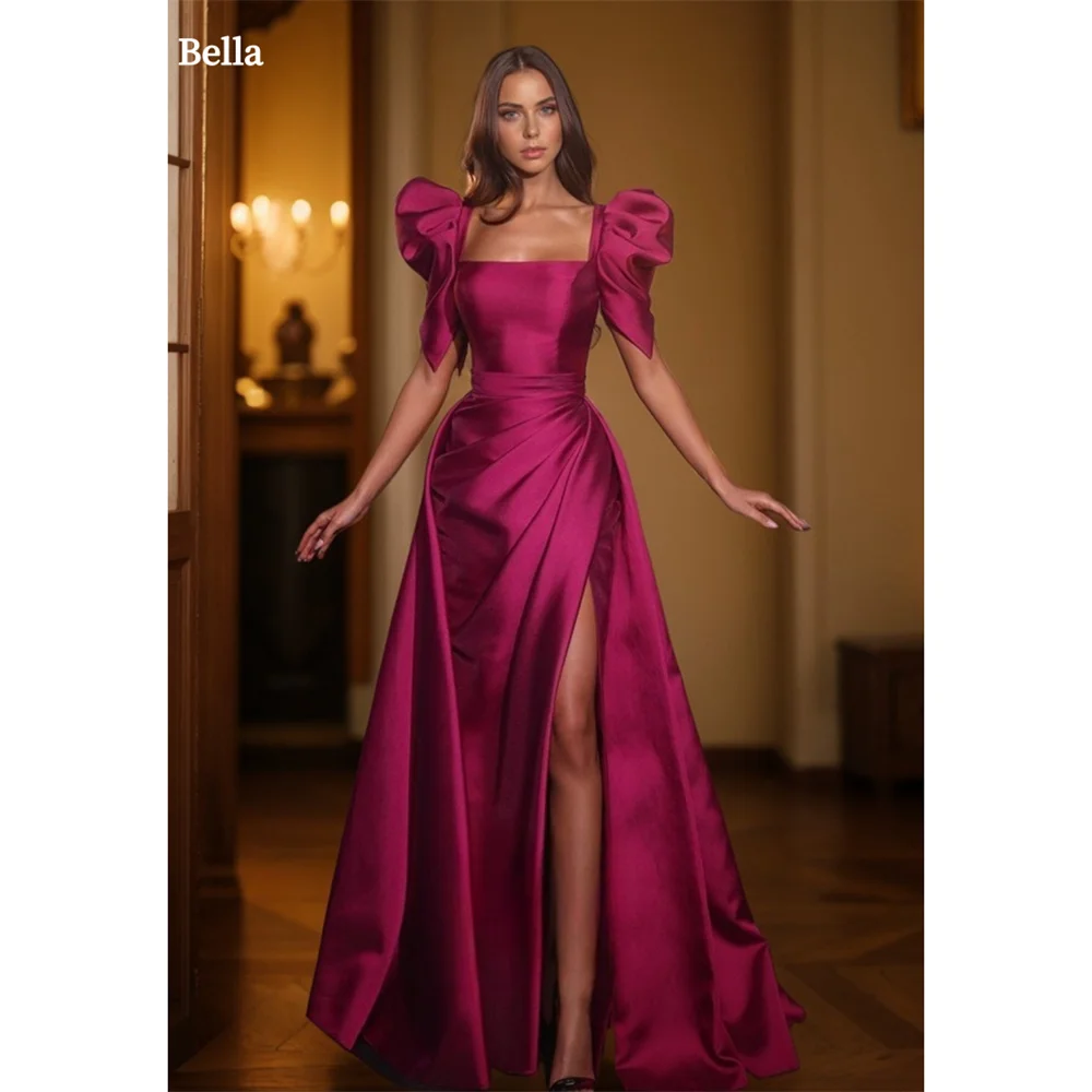 Bella Red Satin Wedding Dresses Square Collar Elegant Sleeveless Vestidos De Fiesta Mermaid Side High Split 2024 فساتين سهرة