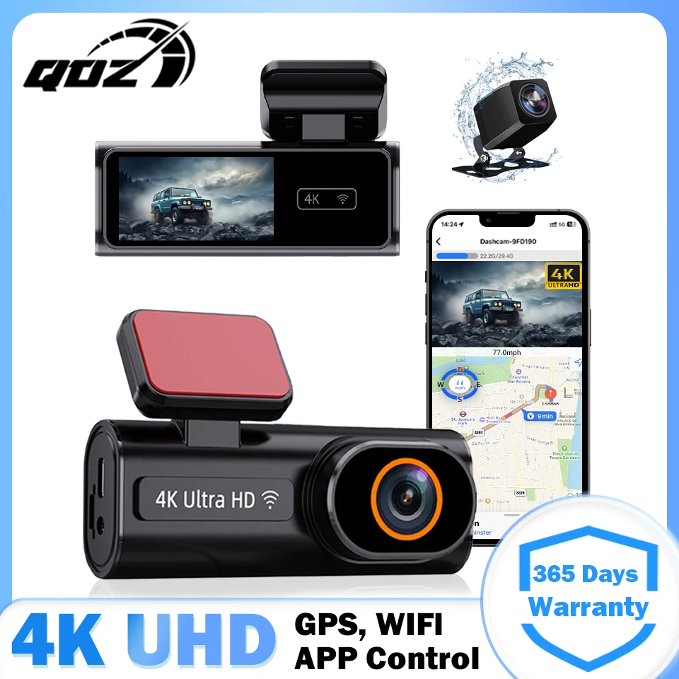 

QOZ 4K Dash Cam Front and Rear WiFi GPS Dash Camera for Cars With 24H Parking Monitor WDR Night Vision Black Box