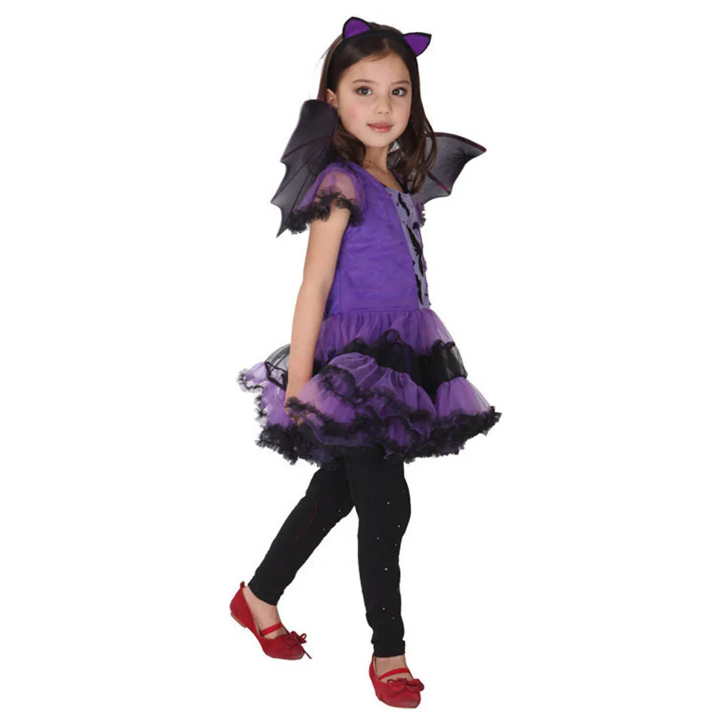 Kids Girls Purple Bat Vampire Princess Dress Fancy Cosplay Costume Witch Clothes With Wing Halloween Role Play Clothing Children