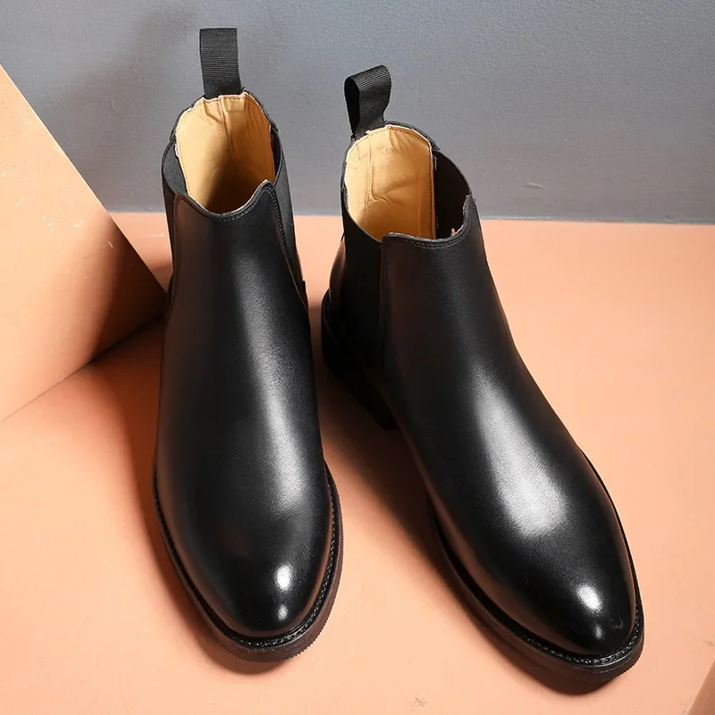 Bottes Chelsea pour hommes, montantes, décontractées, en cuir, de luxe, pour robe d'affaires, en peluche, chaudes, pour l'hiver