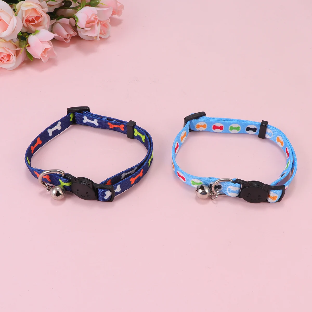 

2pcs With Safety Button Adjustable Dog Nylon Pet Necklace Bone Print Sky Blue Dark Blue Outdoor Walking Safe Buckle Collar