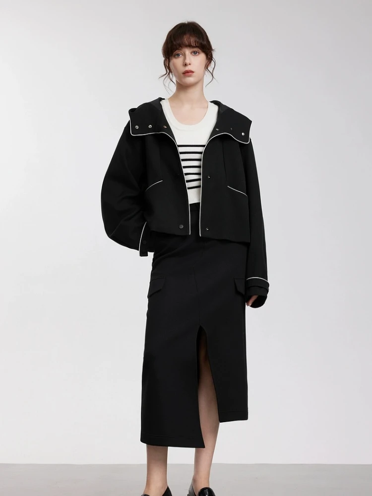 CHEERART Giacca invernale in lana con cappuccio firmata Donna Cappotto con zip in colore a contrasto Nero Nuovo in capispalla Moda autunnale 2025