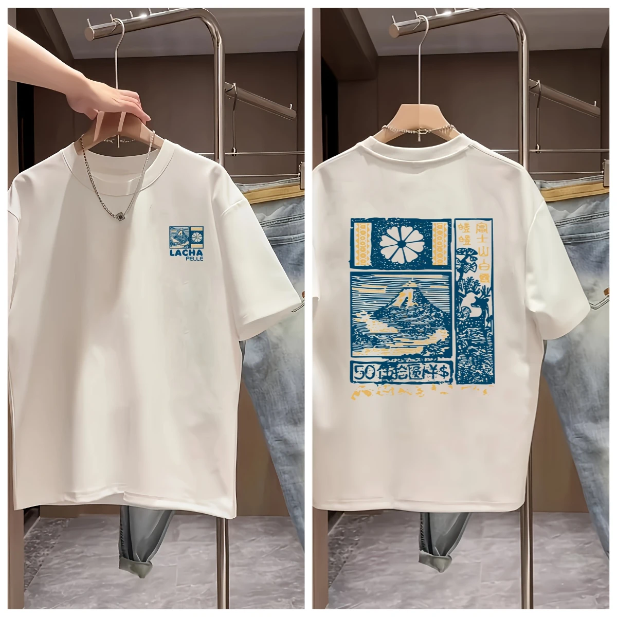 2026 Sommer Neuer Stil Herren Baumwoll-Freizeit-T-Shirt mit Kurzarm, mit Kirschblütenmuster des Mount-Fuji-Gebirges