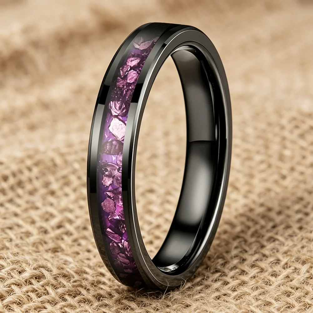 4mm Wolframringe mit Lila Edelstein-Einlage, Modeschmuck, Verlobungs- und Eheringe für Männer und Frauen, Poliert Glänzend, Komfortabler Sitz – Detail 10