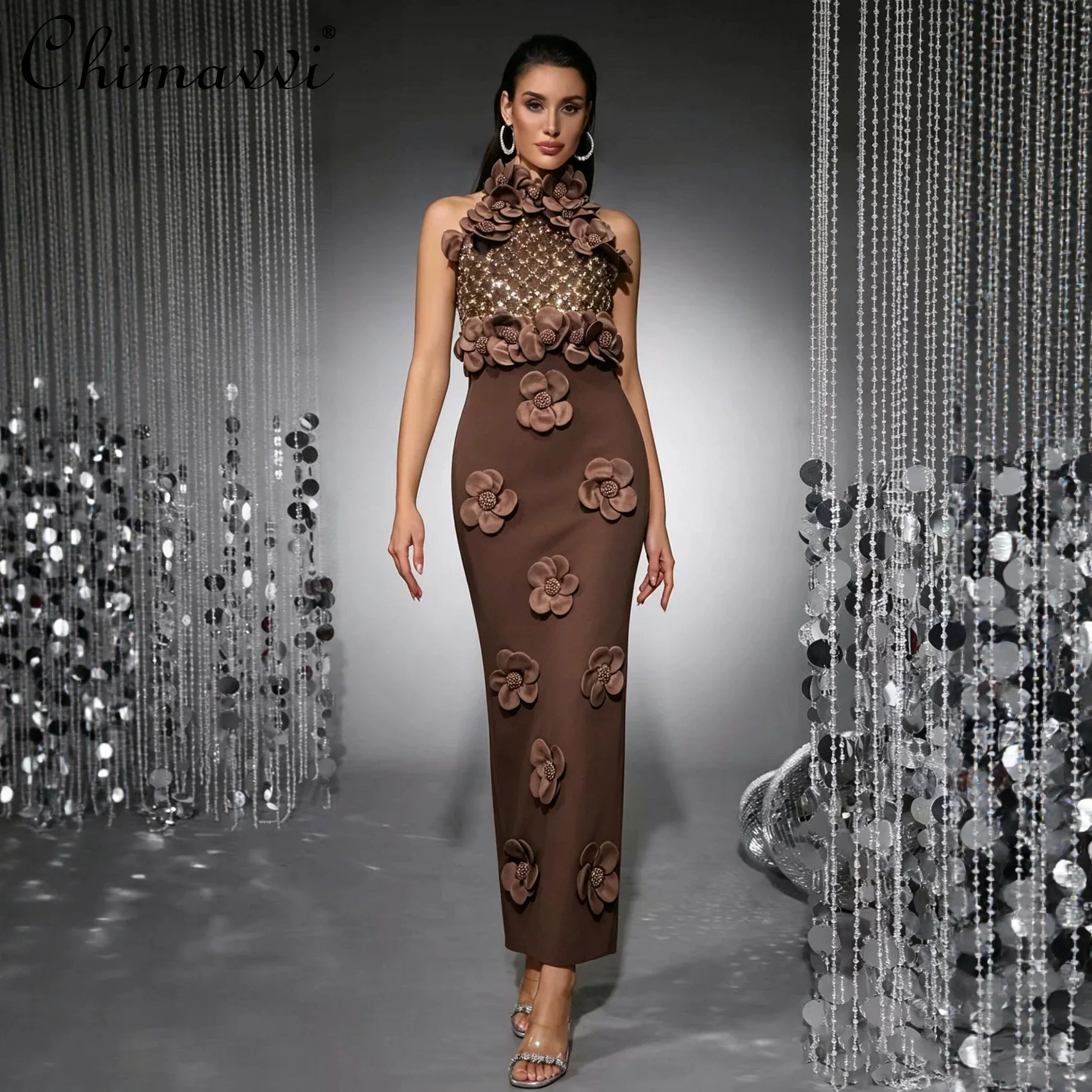 

American Fashion Retro Bandage Evening Dresses Heavy Industry Sequins Mesh 3D Flower High Waist Hip-wrapped Long Dress for Women