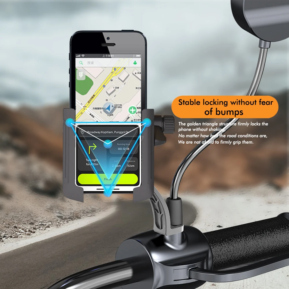 360° Rotate One Touch Lock Anti-Shake Motorcycle Rearview Mirror Phone Mount for E-bike Scooter 4-7.2 Inch Phone