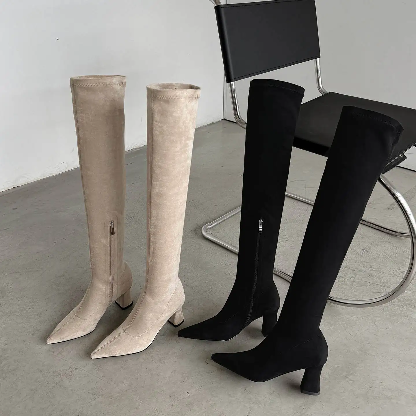 Krazing Pot Flock Thick High Heels Pointed Toe Stretch Boots Stovepipe Zip Modern Spring Winter Street Wear Over-the-knee Boots