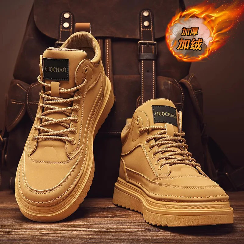 Men's autumn and winter plush warm high top British workwear boots men's thick soled wear-resistant leather boots