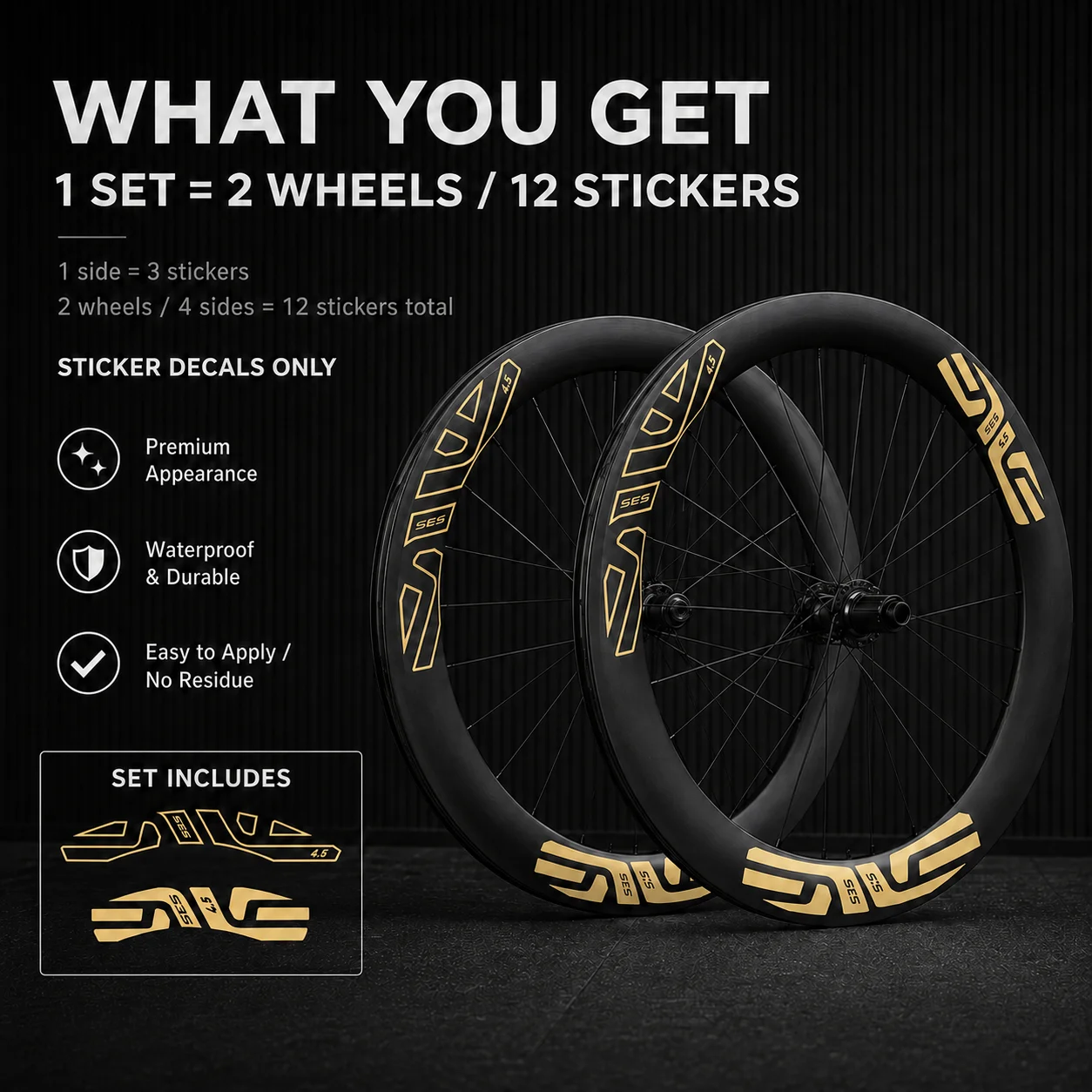 Image of Goldfarbene ENVE SES 4.5 Laufradsatz-Aufkleber, 12 Aufkleber, komplettes Set für zwei Räder, wasserfest, UV-beständig, Vinyl-Aufkleber für Fahrradfelgen