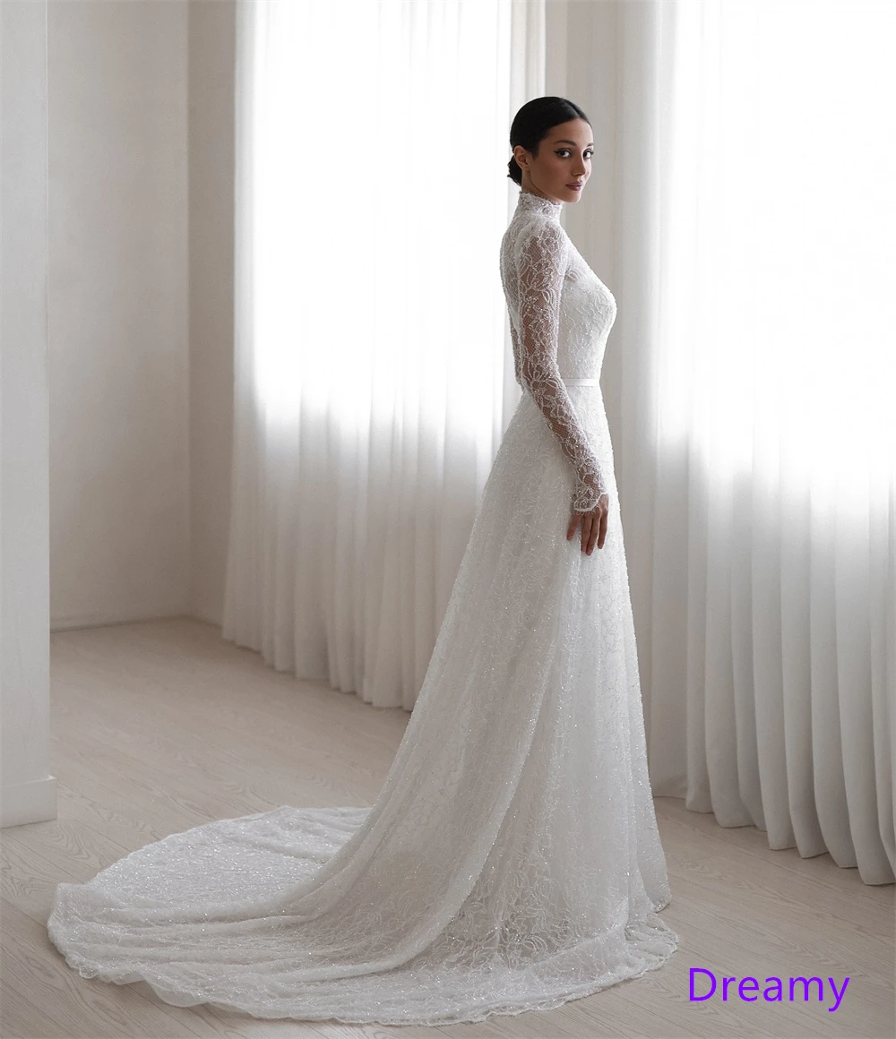 Robe de soirée en dentelle blanche, personnalisée, exquise, col haut, manches longues, robes d'occasion sur mesure, robe de mariée de haute qualité