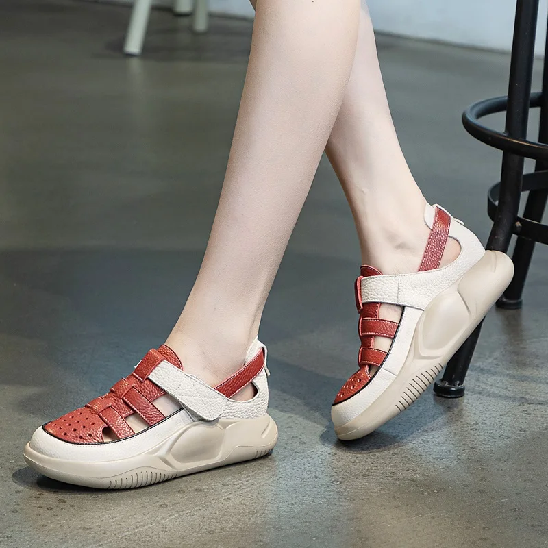 DRKANOL Women Casual Sneakers 2024 Summer Thick Bottom Hollow Out Sandals Genuine Leather Hook And Loop Chunky Platform Shoes