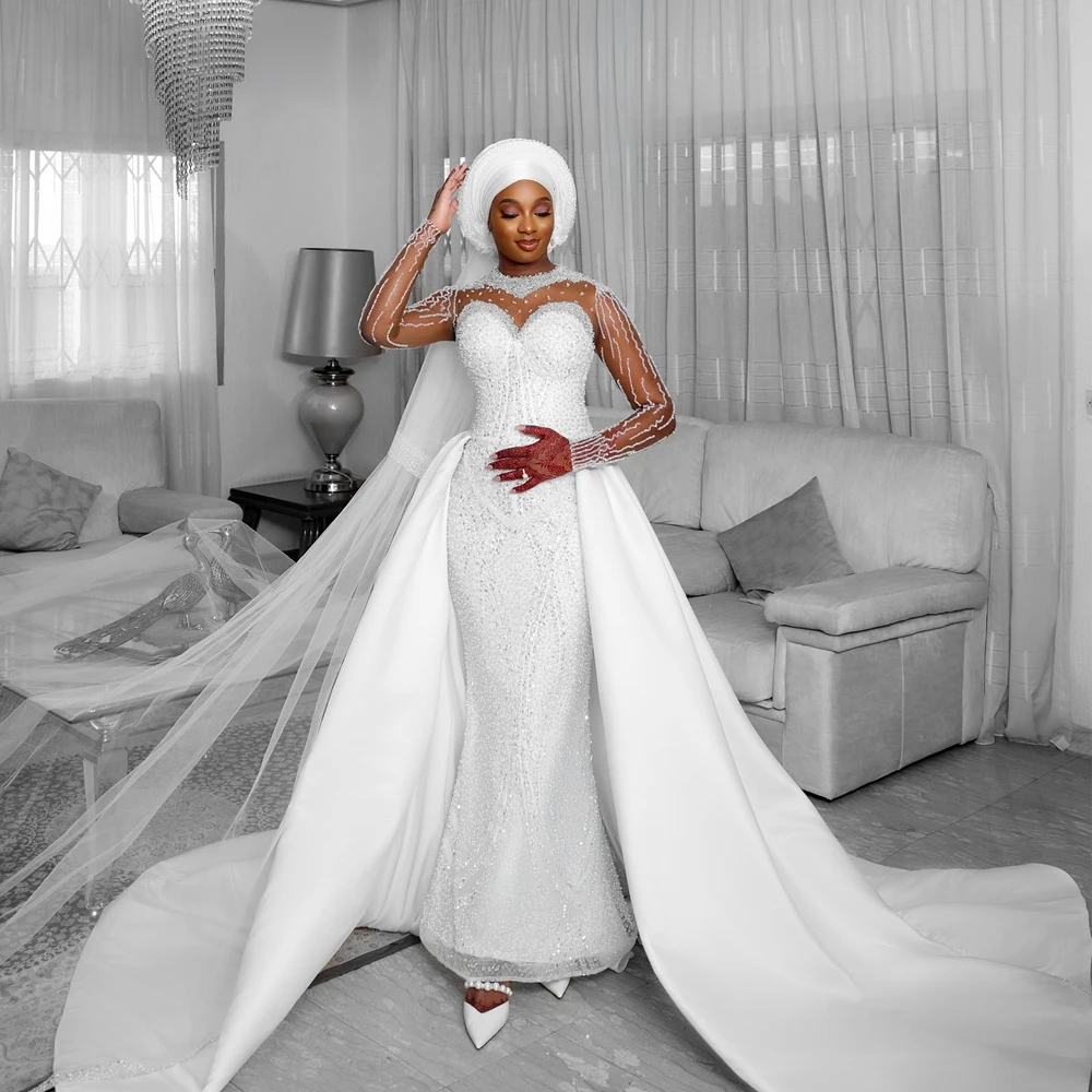 

African Mermaid Wedding Dresses 2025 Crystal And Pearl Beaded Illusion Sleeves Satin Bride Dress O-Neck Sweep Train Customized