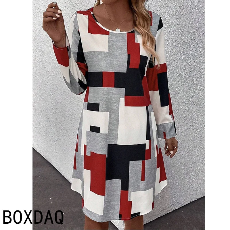 2025 Spring New 3D Geometric Printing Dress Women O-Neck Long Sleeve Casual A-Line Dresses Big Size 3XL Female Vintage Dresses