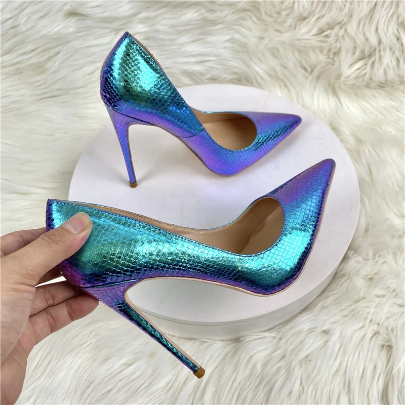 Heelgoo Laser Blue Embossed Snakeskin Women Sexy Pointy Toe High Heel Shoes Gorgeous Evening Club Party Dress Stiletto Pumps