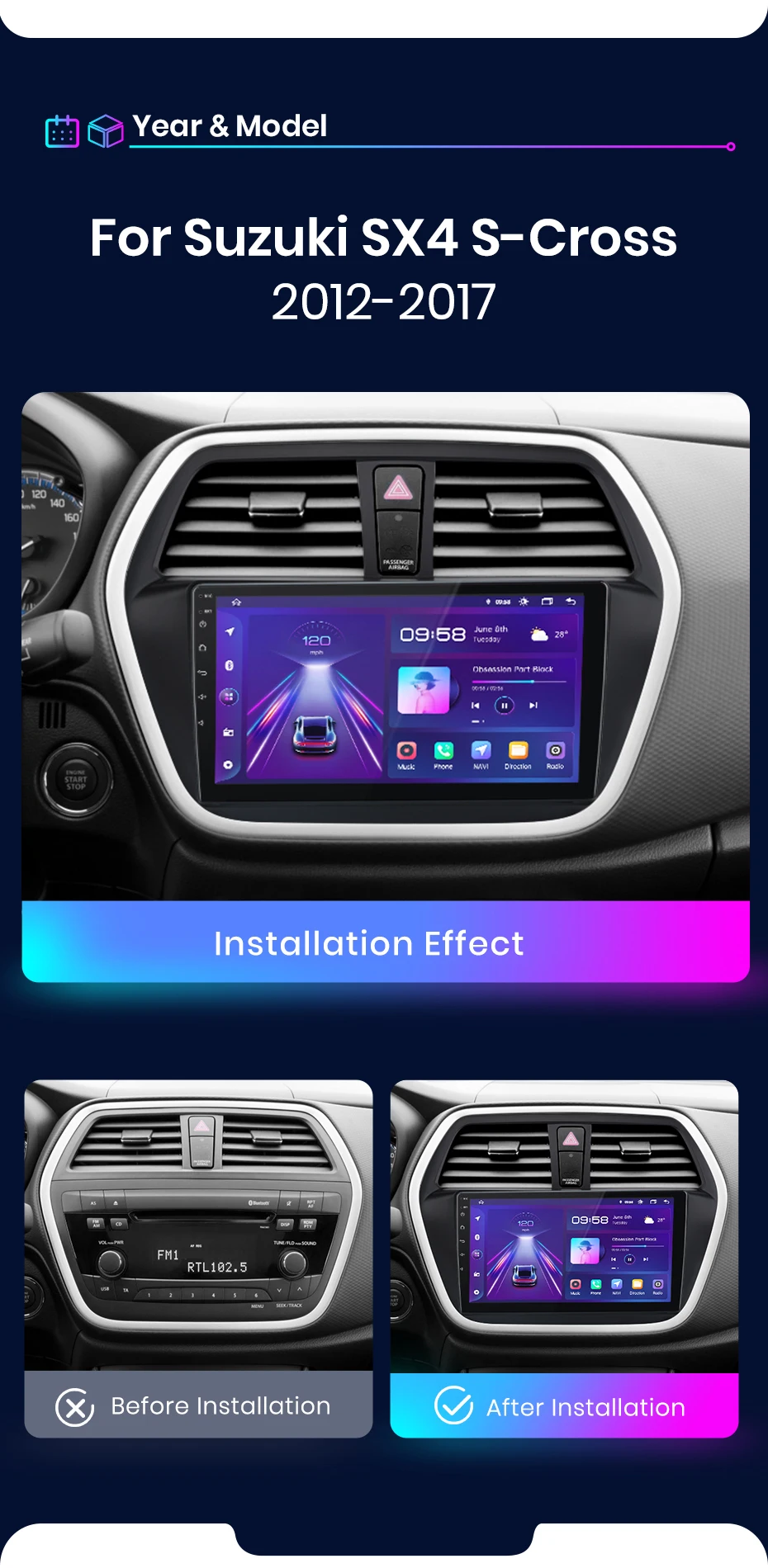Junsun Carplay Android Auto Autoradio für Suzuki Sx4 2 S-Cross 2012 - 2016 Intelligentes System GPS Stereo Multimedia-Haupteinheit – Detail 3