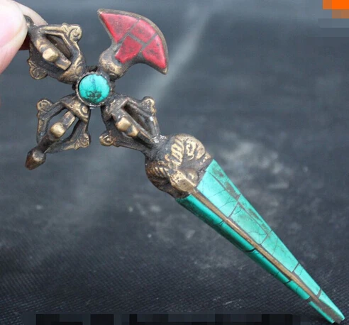 

WBY++++ free shipping 6 " Tibet Turquoise Bronze Gilt Protection God Phurba Dagger Holder