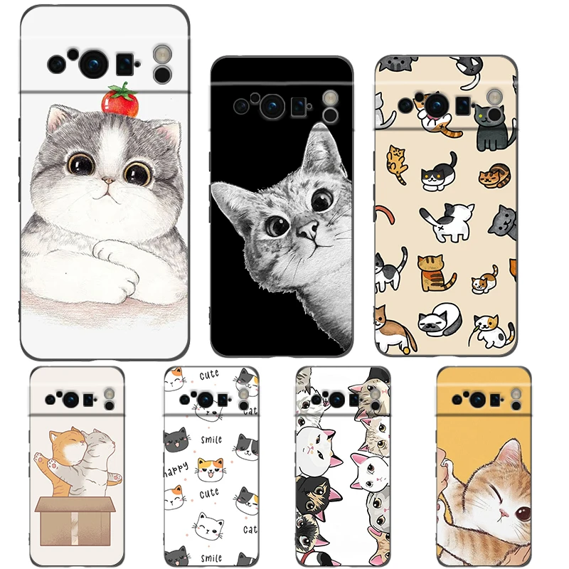 Cat Cute Kitten Cartoon For Google Pixel 8 7 6 Pro 6A 5G Black Phone Case Soft Shockproof Back Cover Silicone TPU Shell Coque