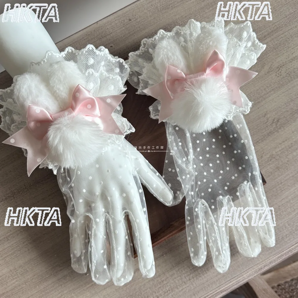 

Sweet Autumn New Plush Cartoon Lace Bow Lolita Hand Sleeve Apparel Accessories Girls Cute Kawaii Elegant Polka Dot Gloves Women