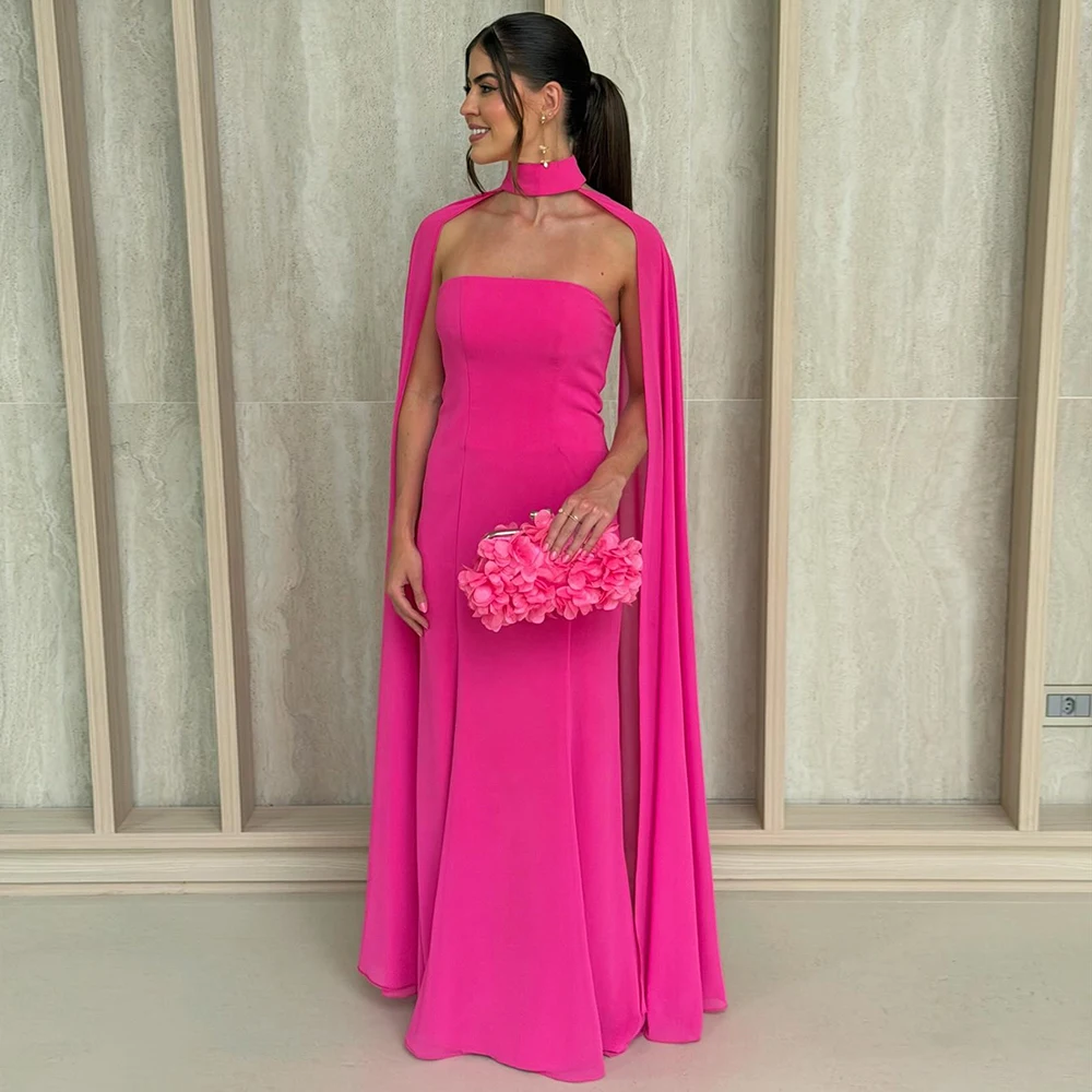 Vestido de Invitada de Boda Personalizado, Color Rosa Intenso, Cuello Choker, Manga Capa, Vestido Largo Formal, Estilo Sirena 2026, Vestidos de Fiesta Largos para Mujer