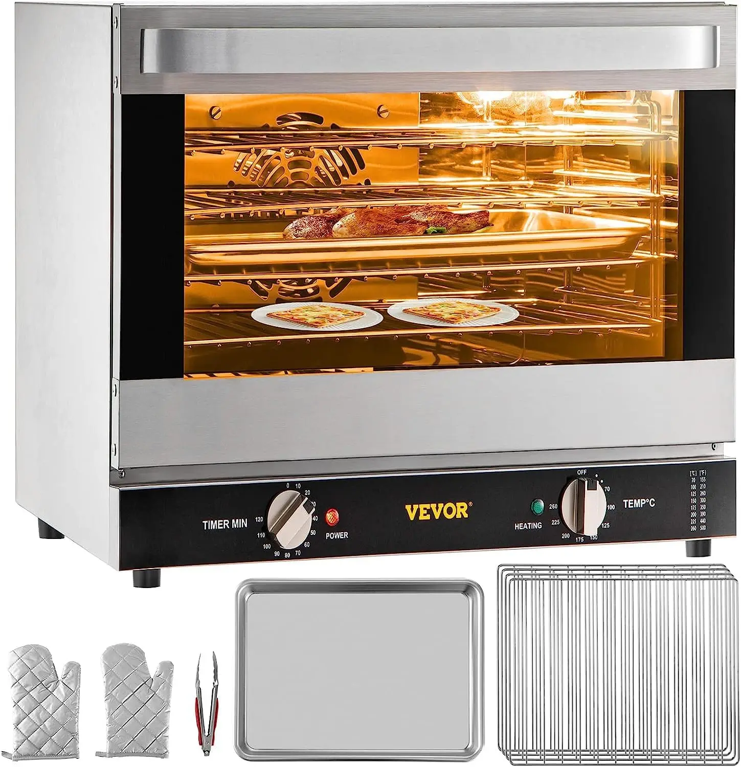 Commercial Convection Oven, 66L/60Qt, Half-Size Conventional Oven Countertop, 1800W 4-Tier Toaster w/Front Glass Door, w/T