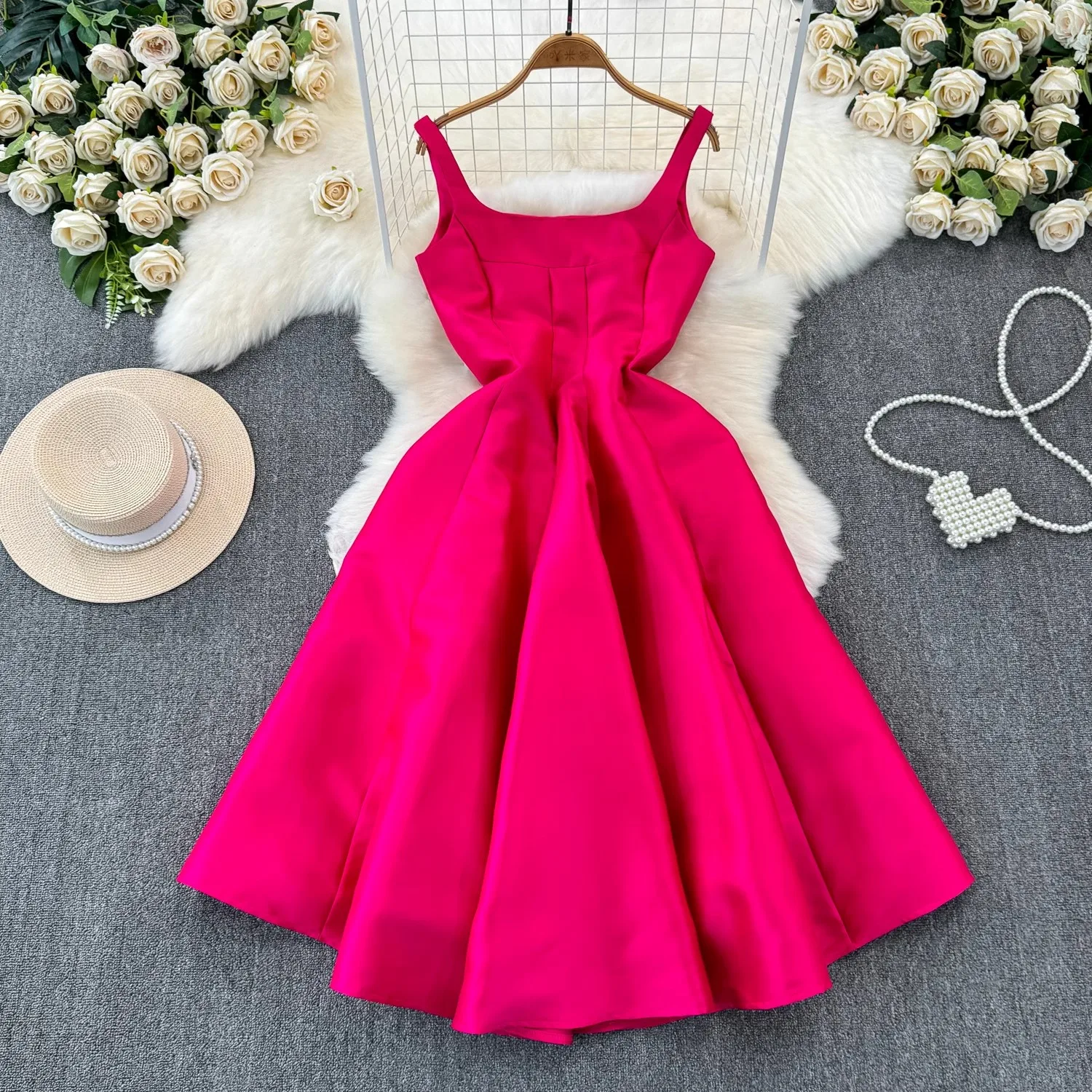 Hochwertige Sommerkleid ung Midi Long Sling Frauen Weste Tank eine Linie plissiert feste Bonbon farbe Abschluss ball Abend party Kleider