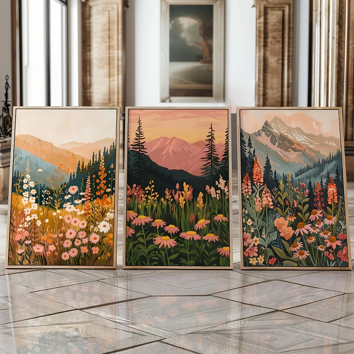 

Bohemian Daisy Mountain Sunset Canvas Poster Gorgeous Wildflower Landscape Print Art Paint for Modern Bedroom Spring Home Decor