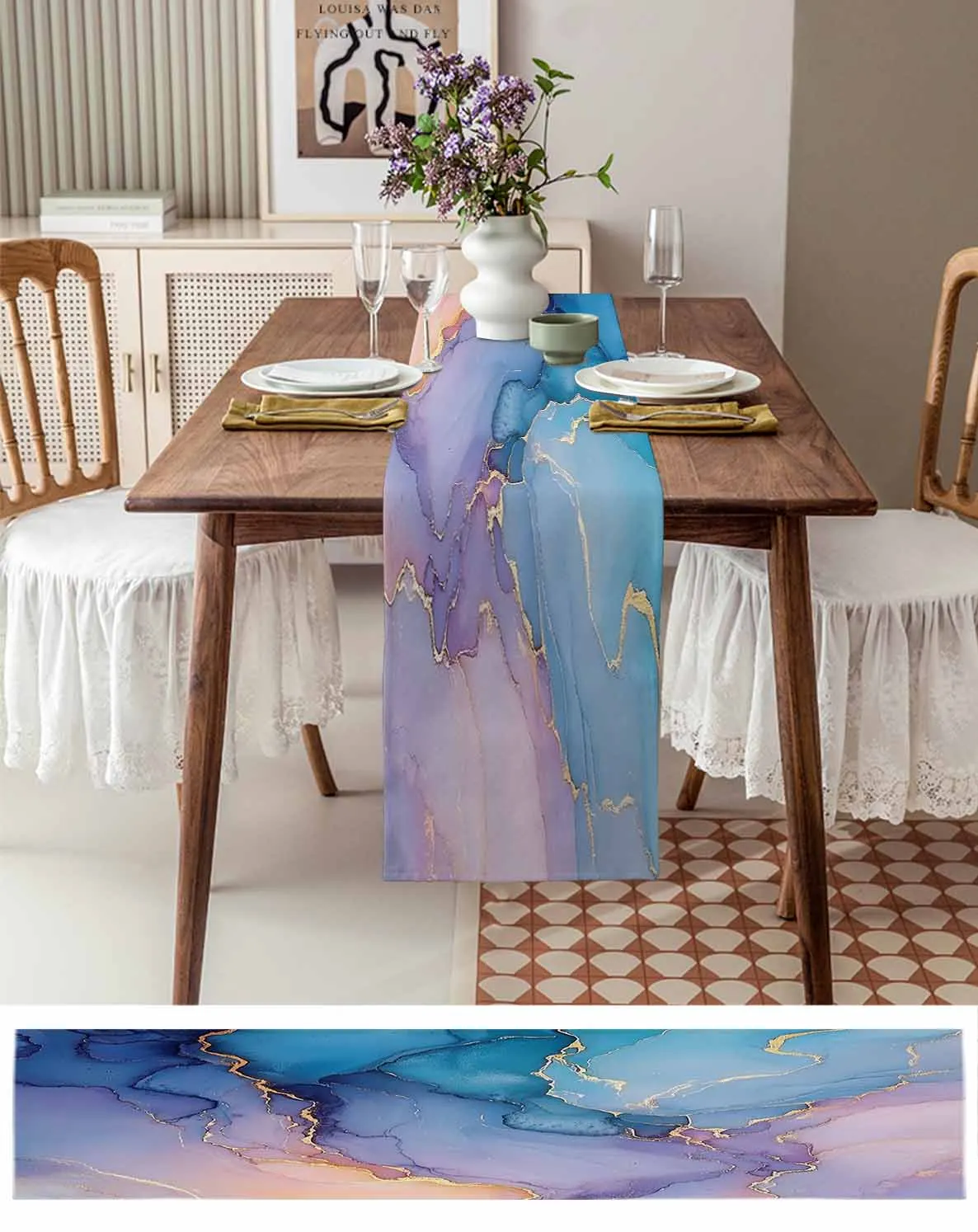 

Abstract Blue Purple Marble Linen Cotton Table Cloth Decoration For Home Wedding Christmas Party