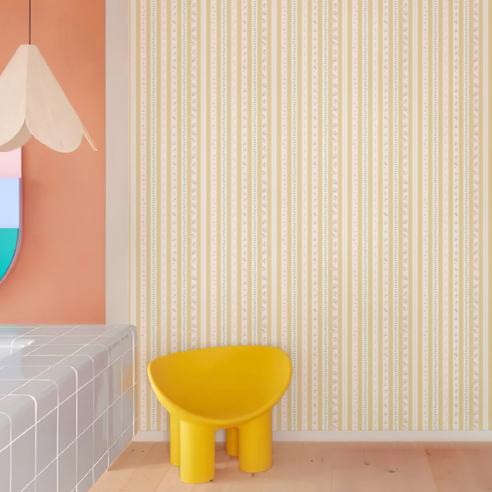 Striped Light Yellow Floral Self-adhesive Vinyl Wallpaper Modern Waterproof And Oil Resistant Flower Leaf Wall Decal
