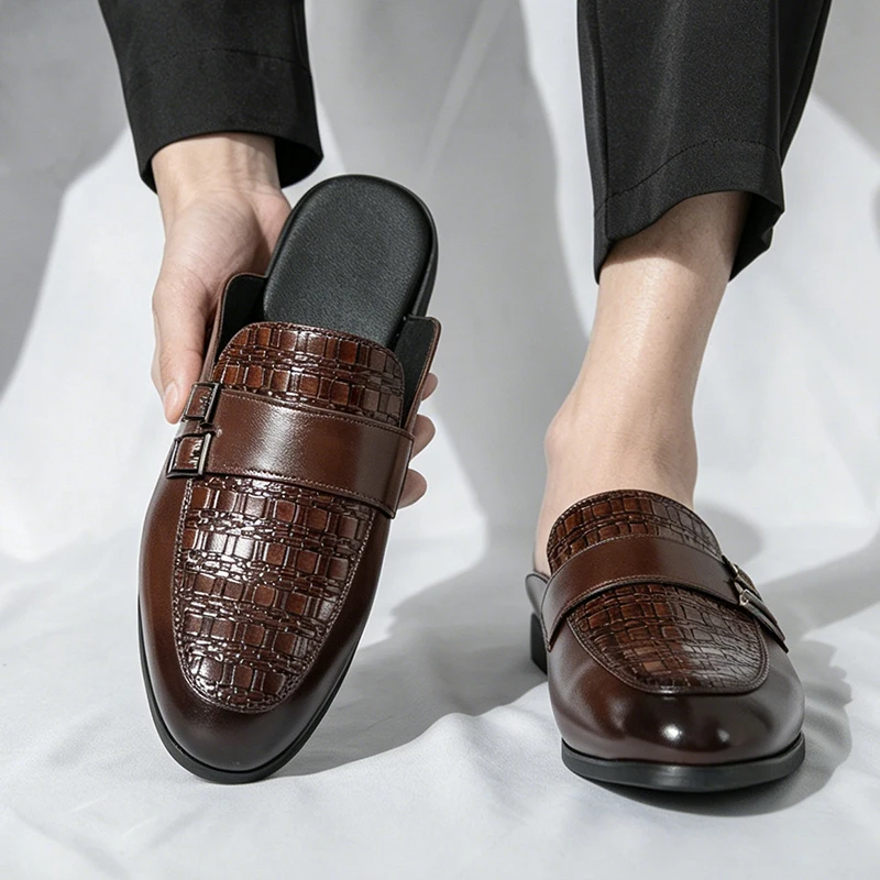 Handmade Luxury Designer Men Leather Half Shoes Mules Women Loafers Business Casual Shoes Sandals Drag Slippers Lazy Flat Slides