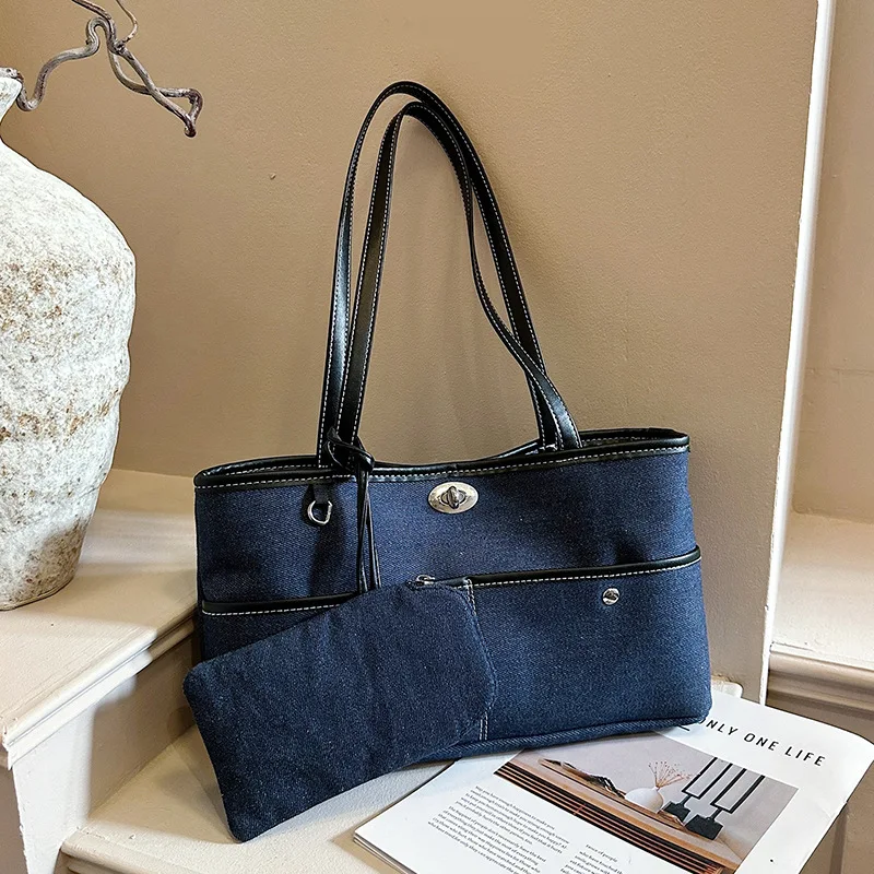 Vintage Denim Women Handbag and Purse Trend Designer Female Shoulder Bag Multi-pocket Ladies Big Totes Work Commute Underarm Bag