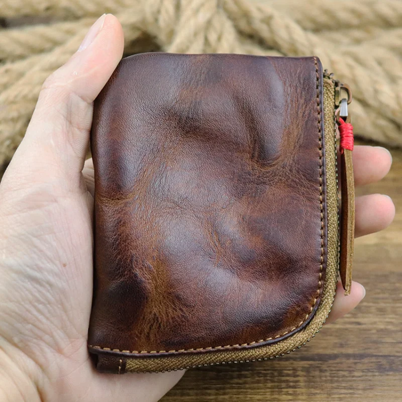 New Top Layer Cowhide Vintage Vegetable Tanned Leather Wallet Simple Japanese Style Zipper Wallet