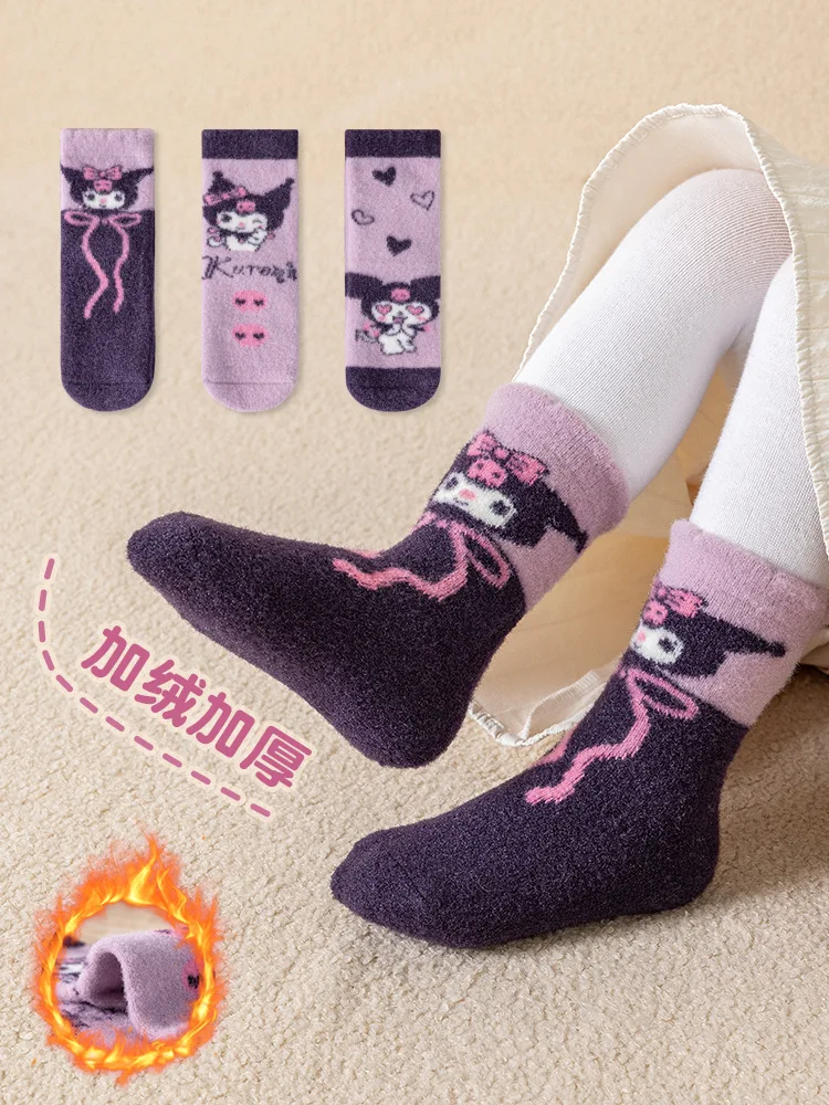 3 Pairs Hello Kitty Children's Socks Winter Thickened and Padded Sanrio Kuromi Mid-calf Cotton Socks Girls for Gifts