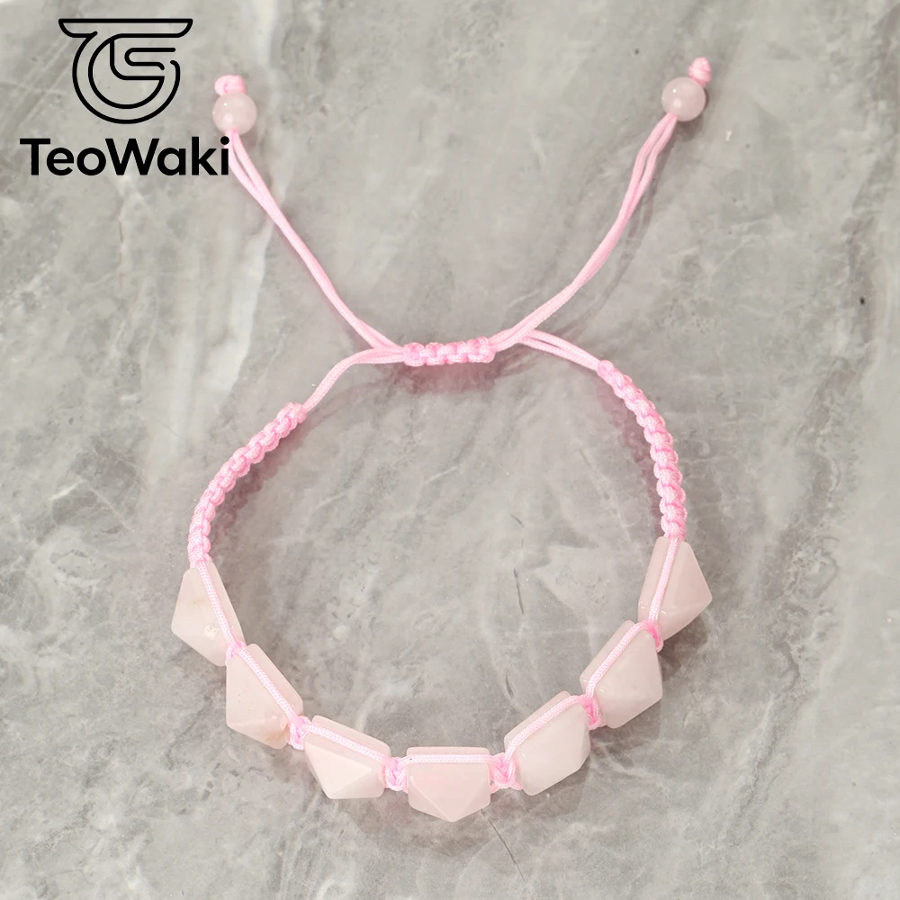TeoWaki Natural Rose Quartzs Pyramid Bead Braided Bracelet Adjustable Geometric Square Stone Bracelet Fashion Jewelry Gift14+8cm