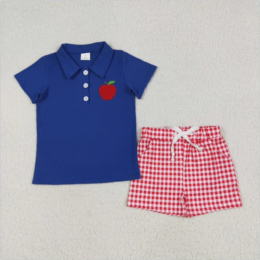 

Wholesale Hot Sale New RTS Western Boutiuqe Outfits Baby Boys Embroidery Apple Pullover Top Back To School Shorts Clothes Sets